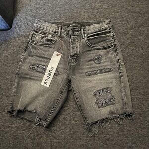 Purple Brand Shorts Mens 32 Gray Paisley Patch Distressed Denim Raw Hem P020